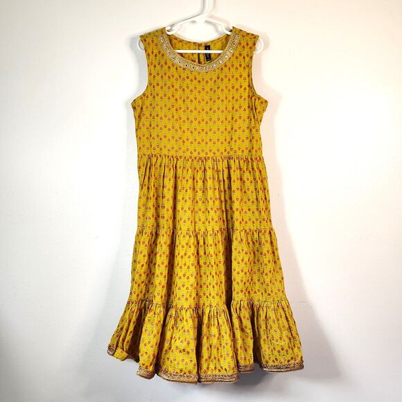 RIO GIRLS 9-10 Yrs Girls Dress Mustard Yellow Floral Print Sleeveless Maxi Gold - Picture 1 of 6